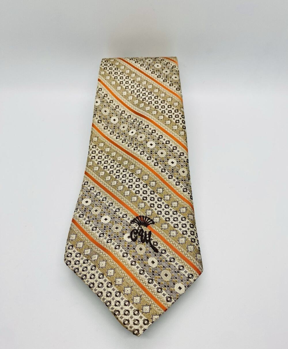 Neck Tie VTG Countess Mara 70’s Tan Orange Ribbed Stripe Silk Tie 55" x 4”